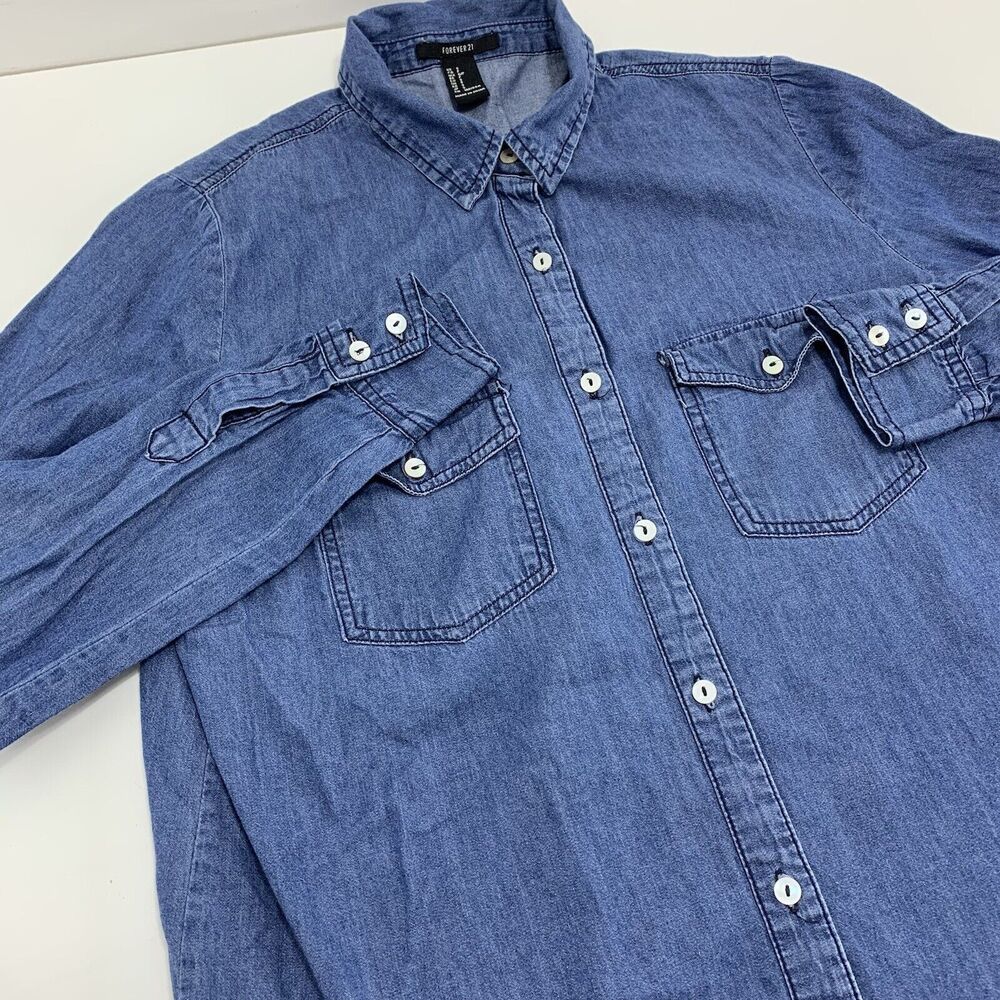 Forever 21 Denim Button Down Light Blue Jean Shirt Blouse Size S small light
